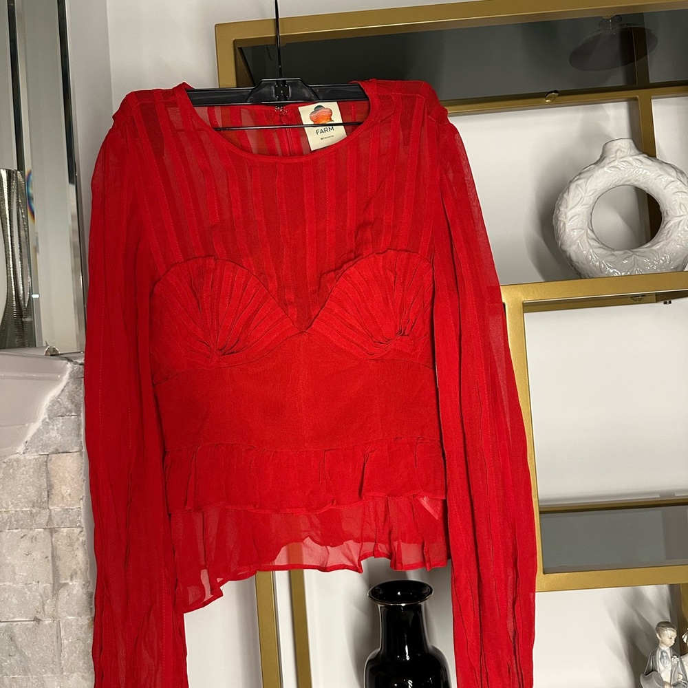 FARM Rio Red Sheer Ruffle Long-Sleeve Blouse - Picture 3 of 9